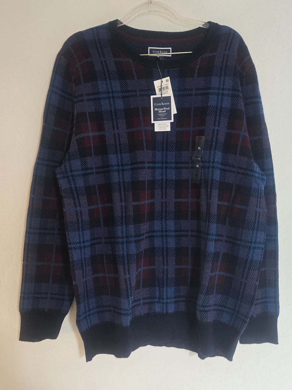 Club Room Men's Merino Wool Blend Plaid Sweater Blue Heather NWT Size XL